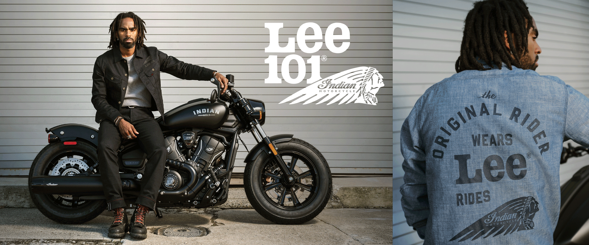 image for the Lee x Indian Motorcycle collab showing the model near his bike, with the logo Lee x Indian